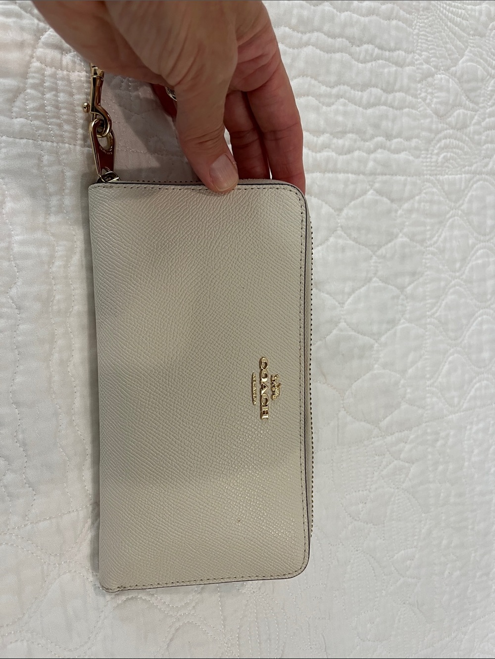 Coach Ivory Pebbled Leather Wristlet wallet with Gold Logo